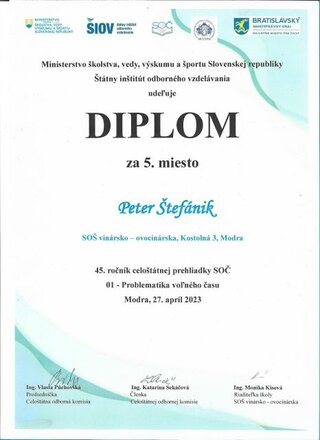 Diplom Štátne kolo SOČ Peter Štefánik 2023